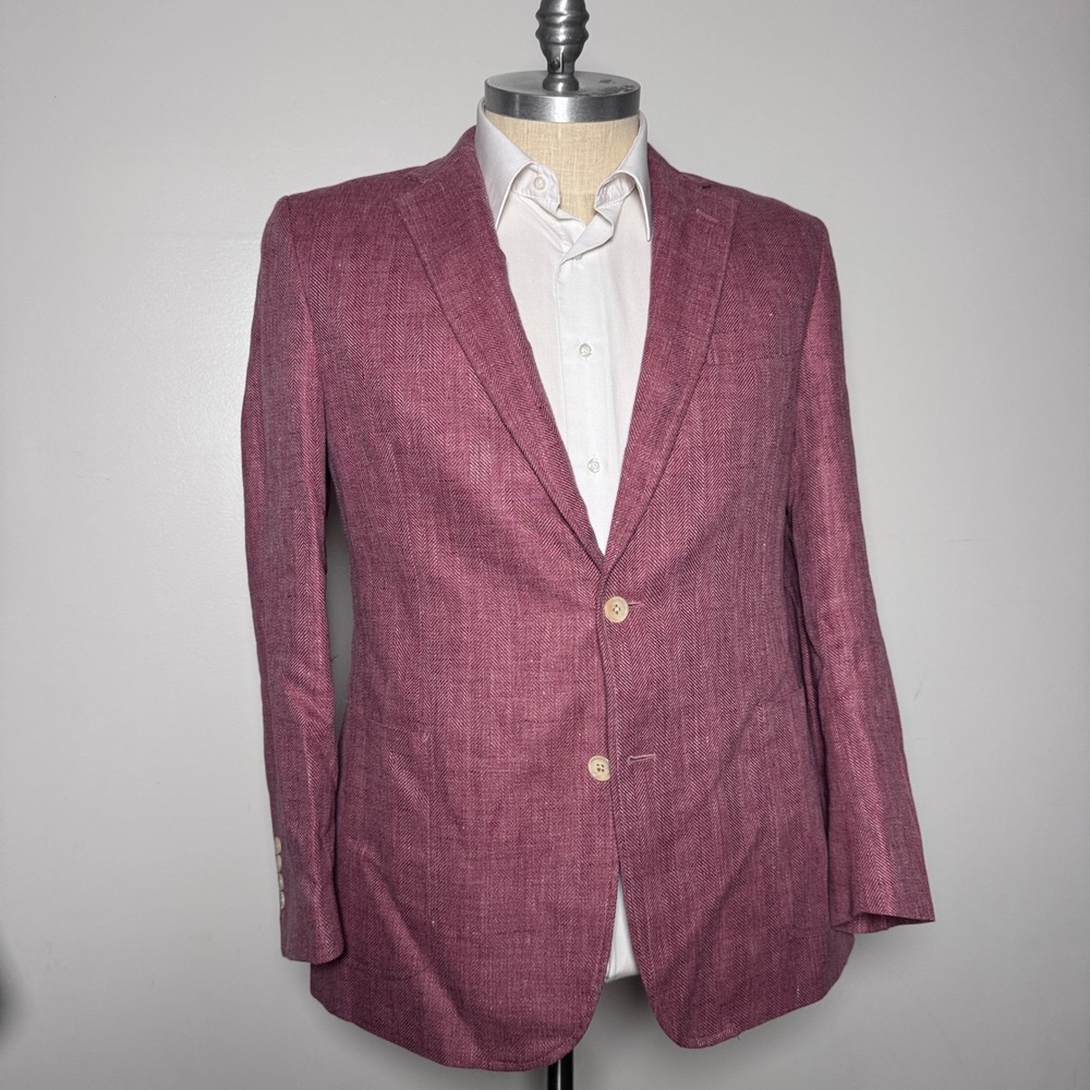 Brooks Brothers Blazer Mens 44R Burgundy Herringbone Linen Wool Drago Italy